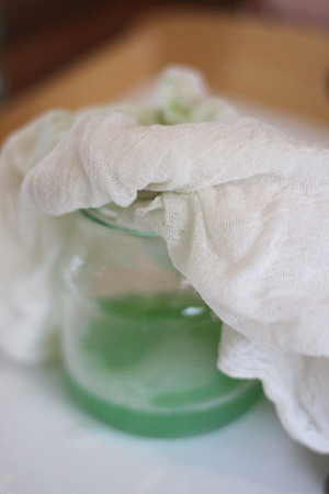 Filtering a green solution through a cheesecloth into a jam jar